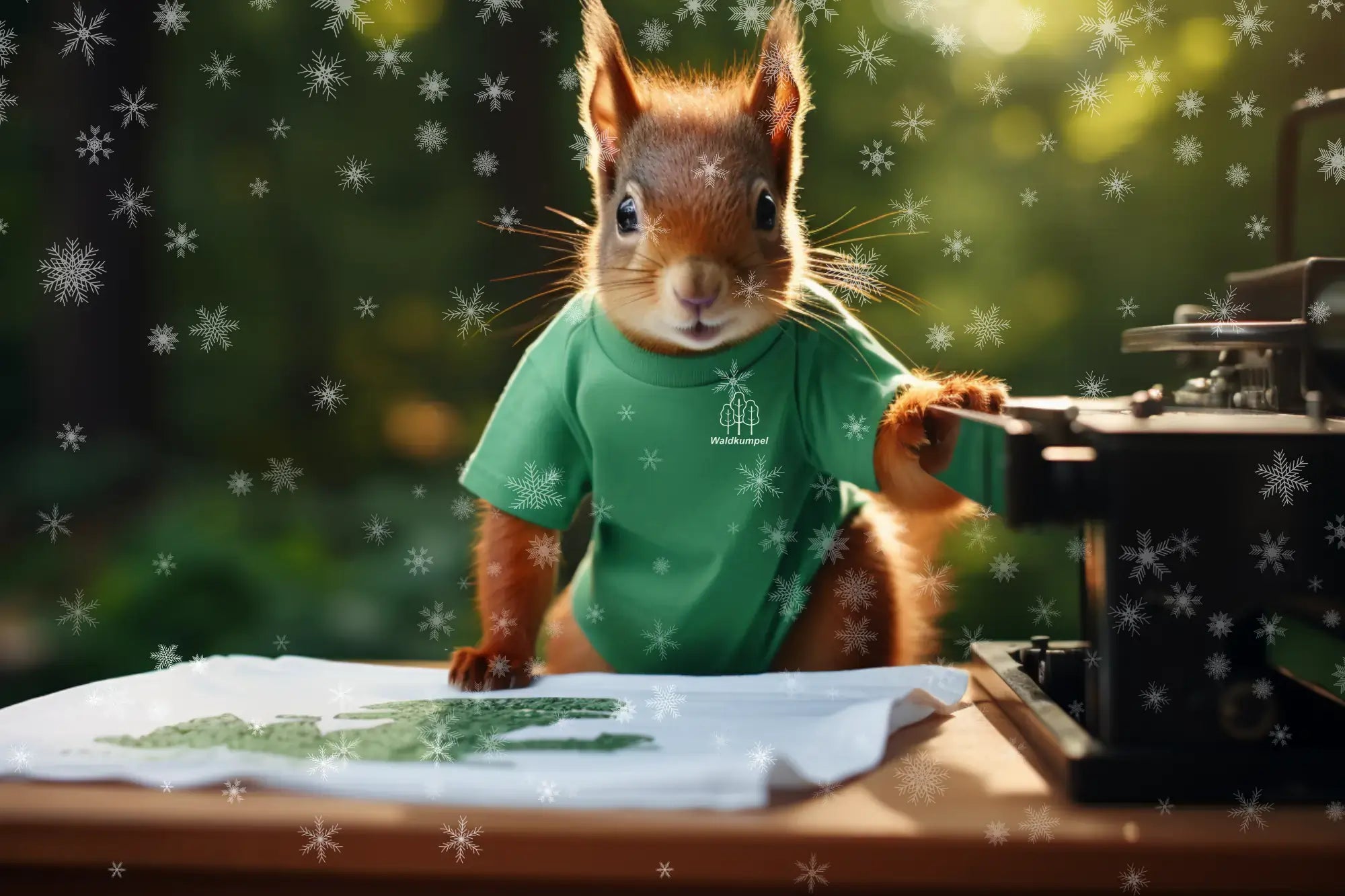 Das Eichhörnchen Waldkumpel arbeitet an einem neuem T-Shirt im Wald. Dabei trägt Waldkumpel ein grünes T-Shirt mit Waldkumpel-Logo und es schneit gerade, da Weihnachten ist und Waldkumpel Weihnachtsangebote anbietet.
