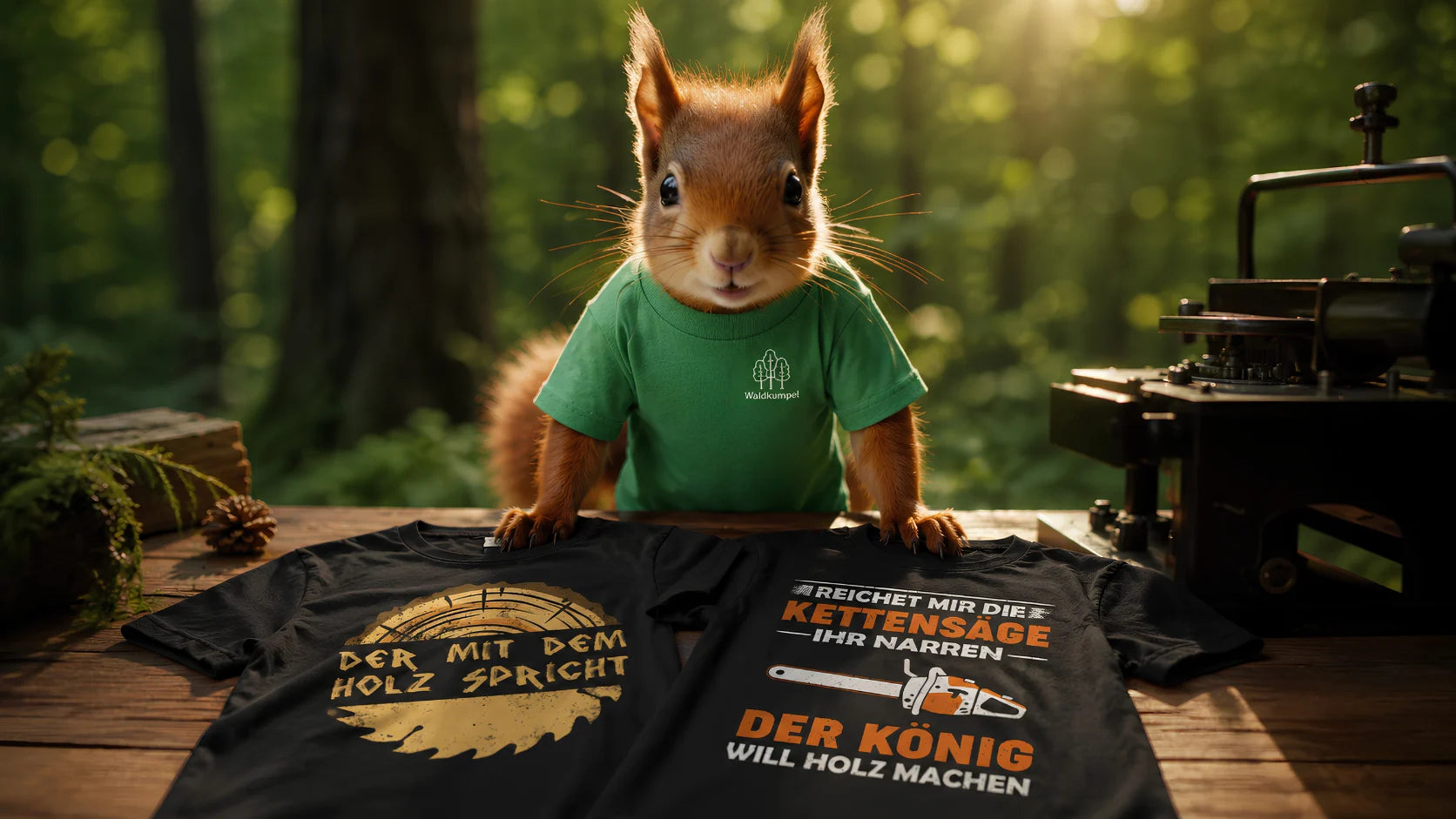 Eichhörnchen im grünen T-Shirt präsentiert zwei schwarze T-Shirts mit Holzsprüche vor einer Waldkulisse.